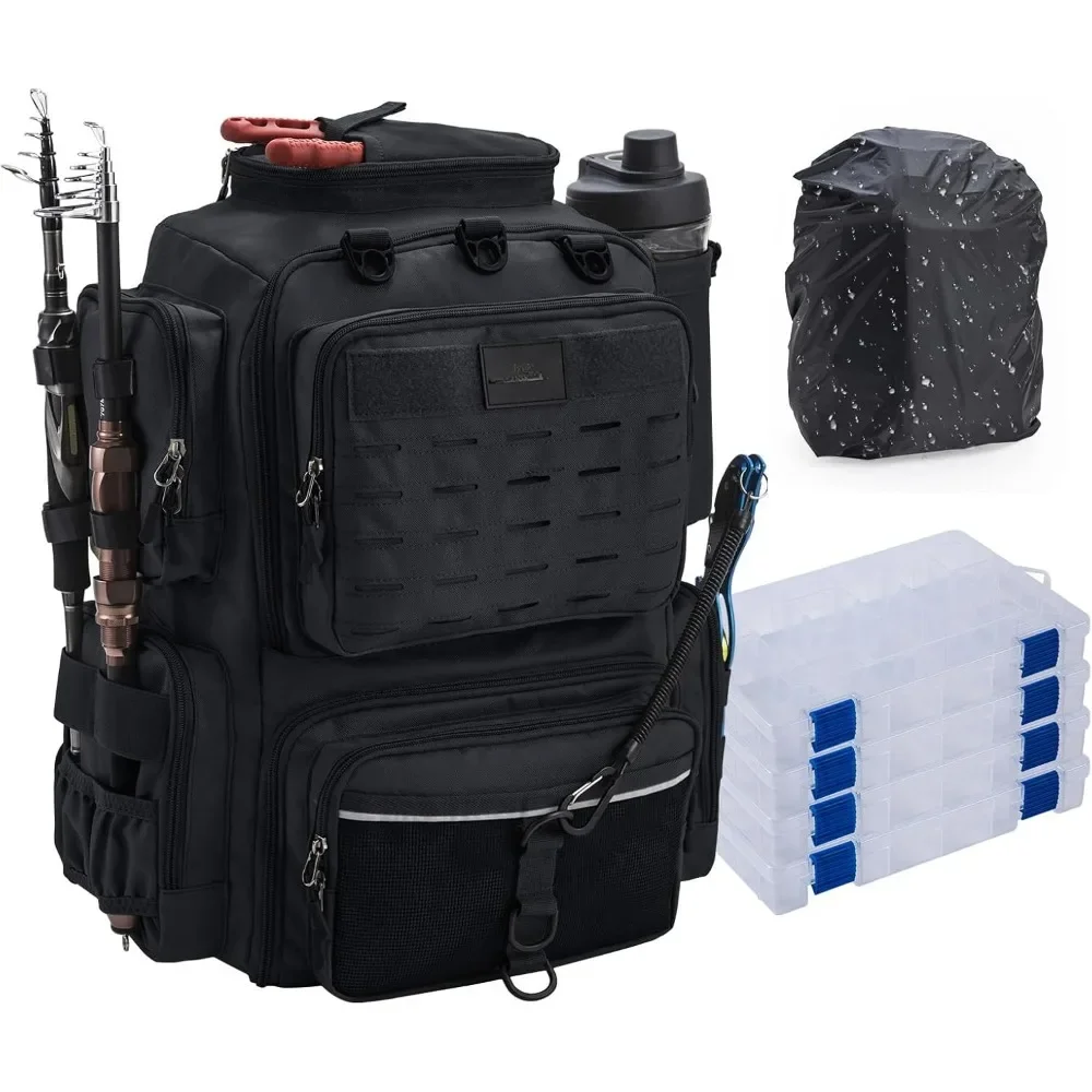 Fishing Backpack with 4 Tackle Boxes with Rod Holder, 600D Fishing Bag to Store Fishing Gear, Tackle Bag with Rain Cover