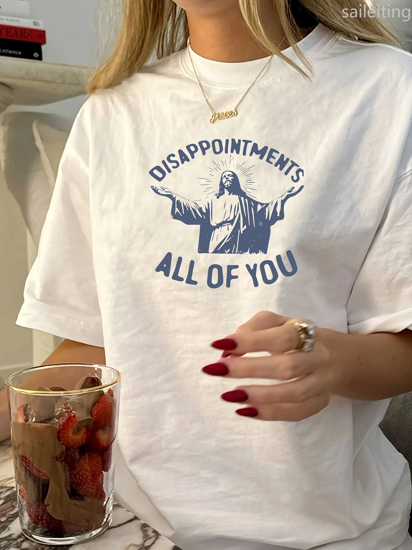Damen „Let You“ Bold Print Retro Muster Ärmel Rundhals Casual Top Weißes T-Shirt Sommer Kurzarm Harajuku Streetwear