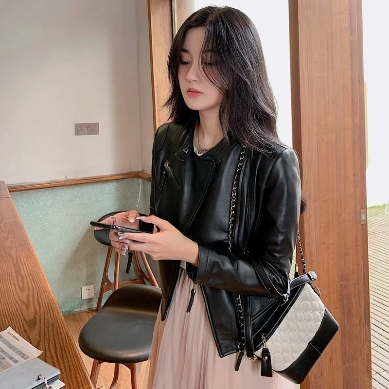 Leather jacket,Spring Genuine Leather Short Sheepskin Coat New Fashion Motorcycle Real Leather Jacket Women Chaqueta De Cuer2023