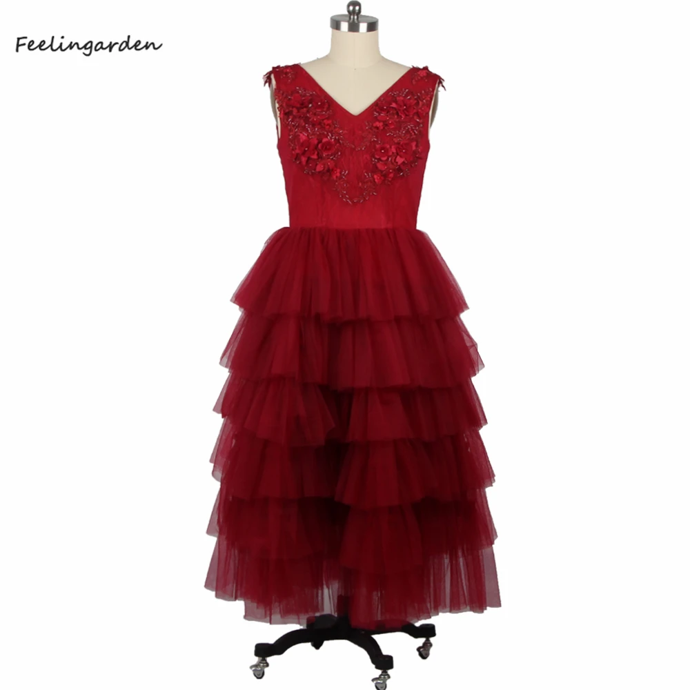 

Feelingarden Evening Dresses Burgundy V-neck Appliques Lace up Pearl Tiered A-line Tea-length Plus size Women Party Dresses E832