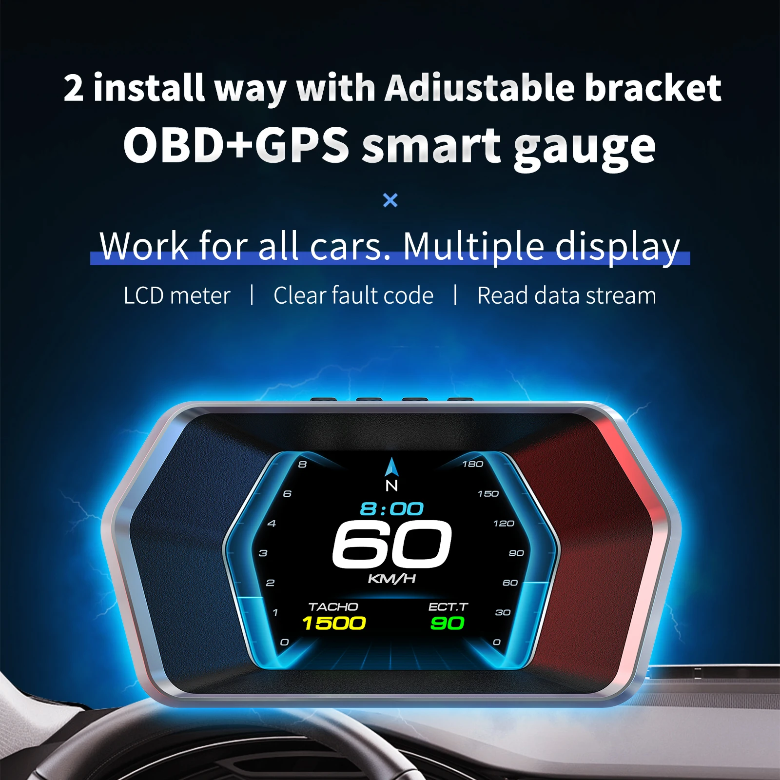 

P17 OBD2 + GPS HUD Дисплей Умный автоматический спидометр Тахометр Охранная сигнализация Температура воды Напряжение оборотов Проекционный дисплей для всех автомобилей