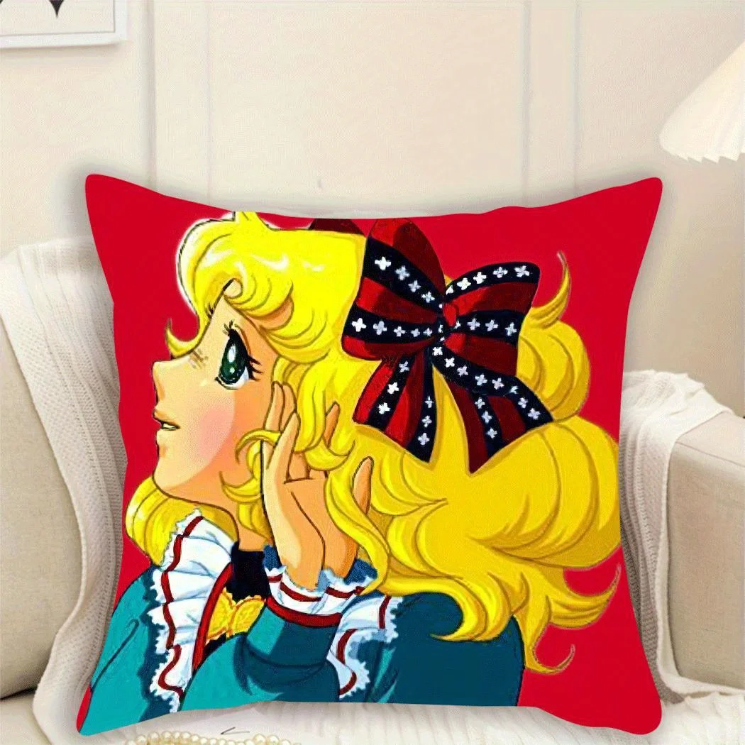 1pc Whimsical Golden-Haired Girl Pillow Cover 45x45cm Red Polyester Zipper Machine Washable Home Decor – No Insert
