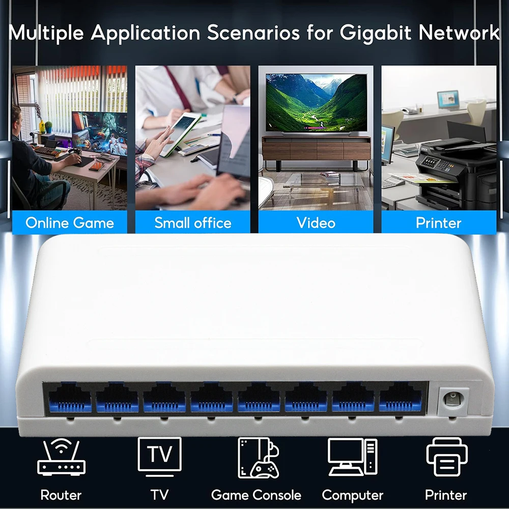 RJ45 5/8 Port 10/100/1000Mbps Fast Ethernet Switch New Version High-Speed Network for Office, Home, LAN, PC
