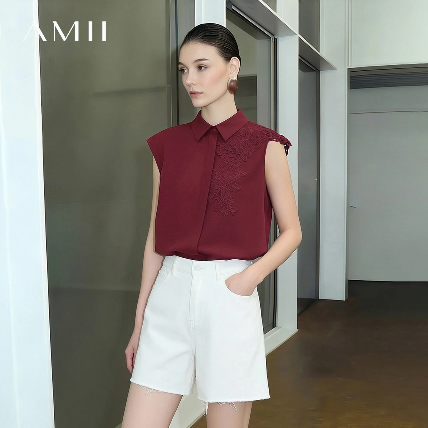 

Amii Women Shirt 2026 Summer New Lace Trim Lapel Collar Cap Sleeve Blouse Loose Fit Elegant Office Cotton Women's Top 12622186