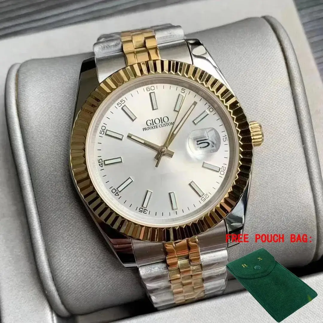 ساعة يد ميكانيكية أوتوماتيكية فاخرة للرجال والنساء من الفولاذ المقاوم للصدأ بتقويم ذهبي أصفر ووردي وأسود وأبيض كلاسيكي