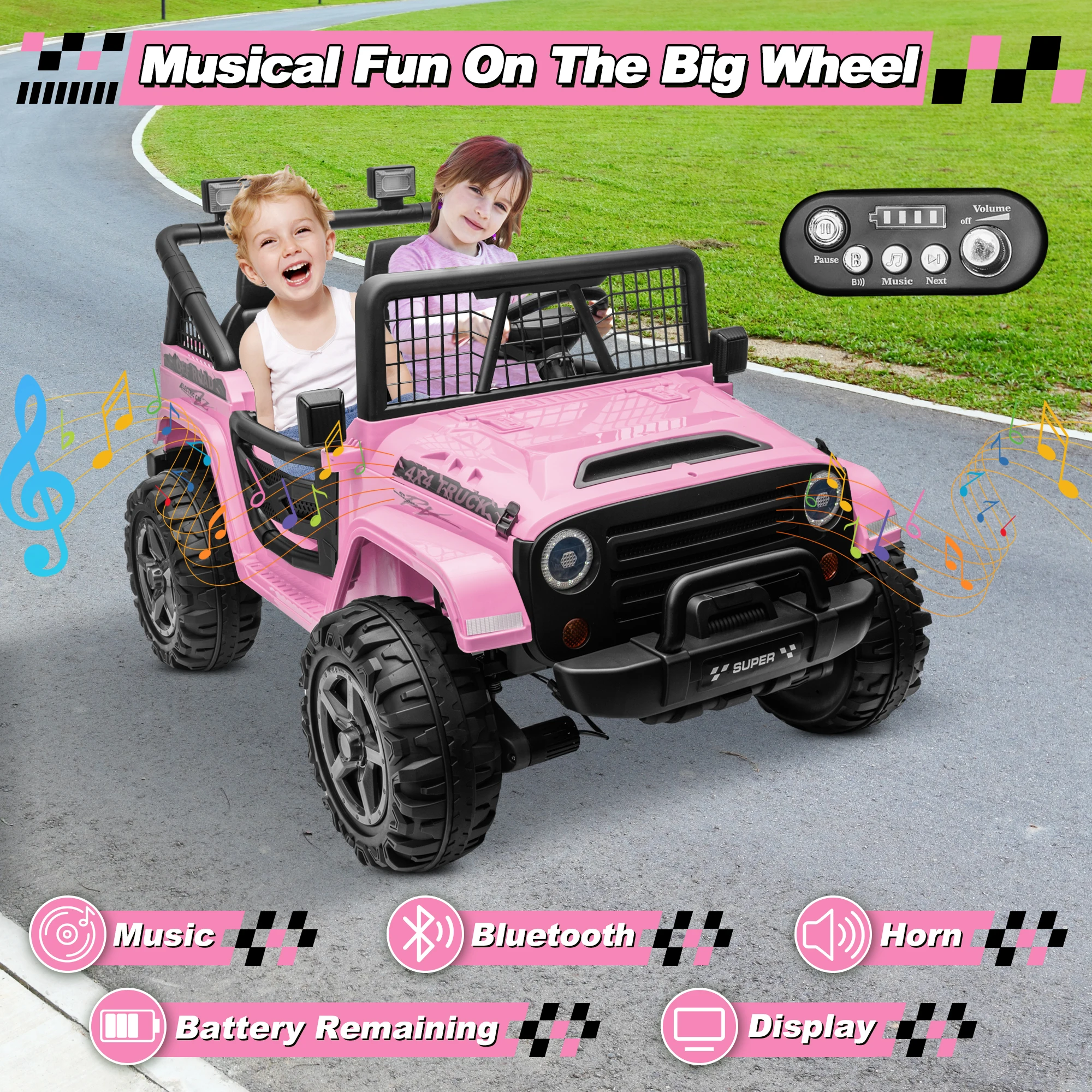 Coche de paseo XL de 24 V con control remoto, coche eléctrico conmutable de 2 plazas 4WD/2WD para niños con asiento de 20 pulgadas de ancho, flor de regalo,