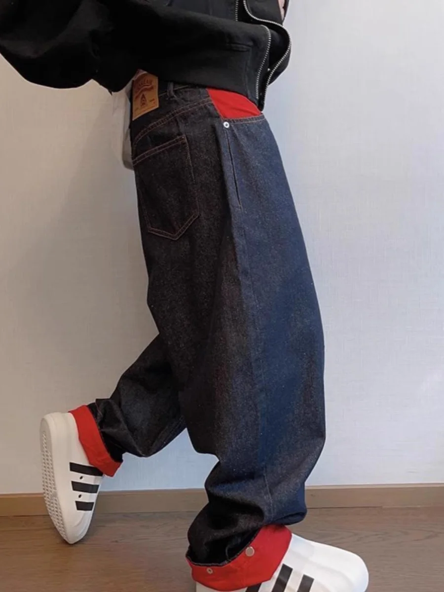 

Мужские джинсы с воротником красного и синего цвета в стиле ретро, весна-осень, большой размер 300, джинсы с прямыми штанинами