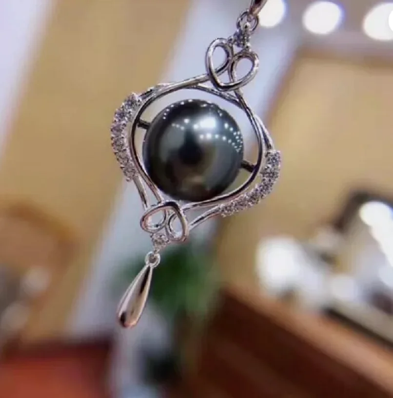

Pretty Design AAAA 10-9mm Tahitian Black Round Pearl Pendant Necklace 925s