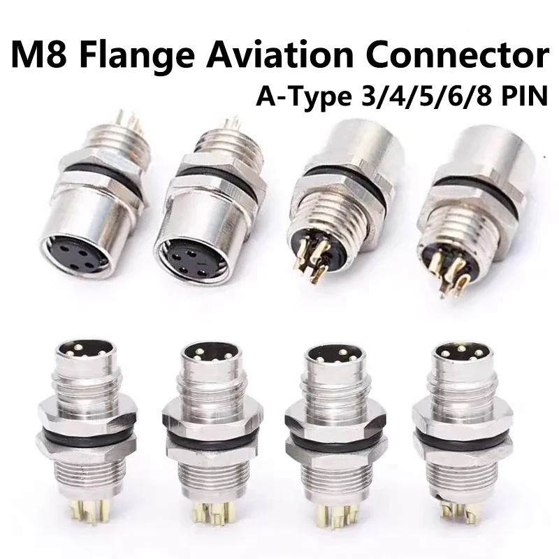 A Type M8 3/4/5/6/8-Core Pin Sensor Connector Panel Front/Back Mount Screw Threaded Male Female Aviation Flange Socket