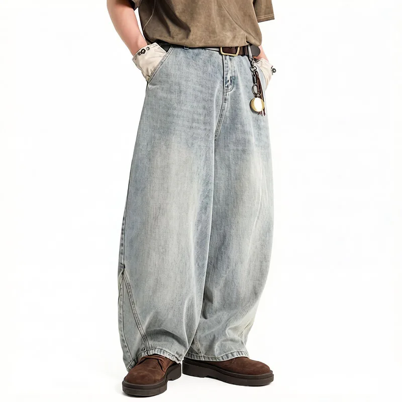 Retro Style Men Oversized Wide Leg Jeans Washed Vintage Baggy Distressed Denim Pants - view 3