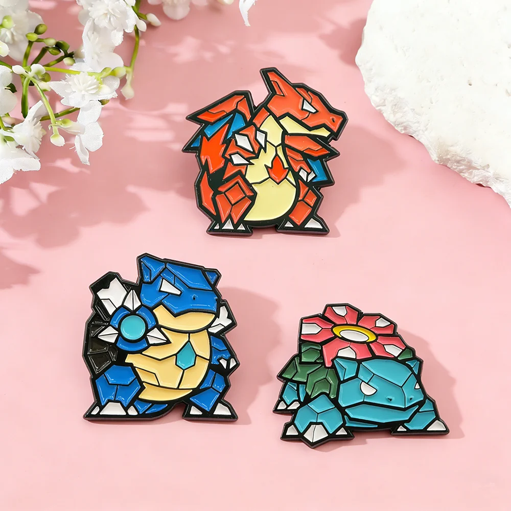 3Pcs Pokemon Charizard Enamel Pin Set - Mosaic Style Blastoise Venusaur Brooches, Anime Lapel Badges for Collectors