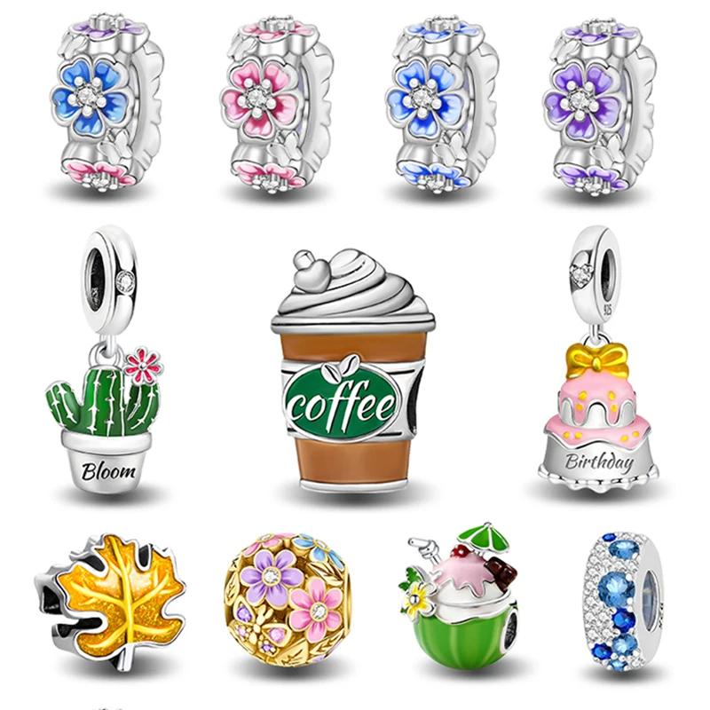 925er Sterlingsilber, Ahornblatt, Blumen, Kuchen, Kokosnuss-Anhänger, Perle, DIY-Armband, Armreif, Geschenk für hochwertigen edlen Schmuck