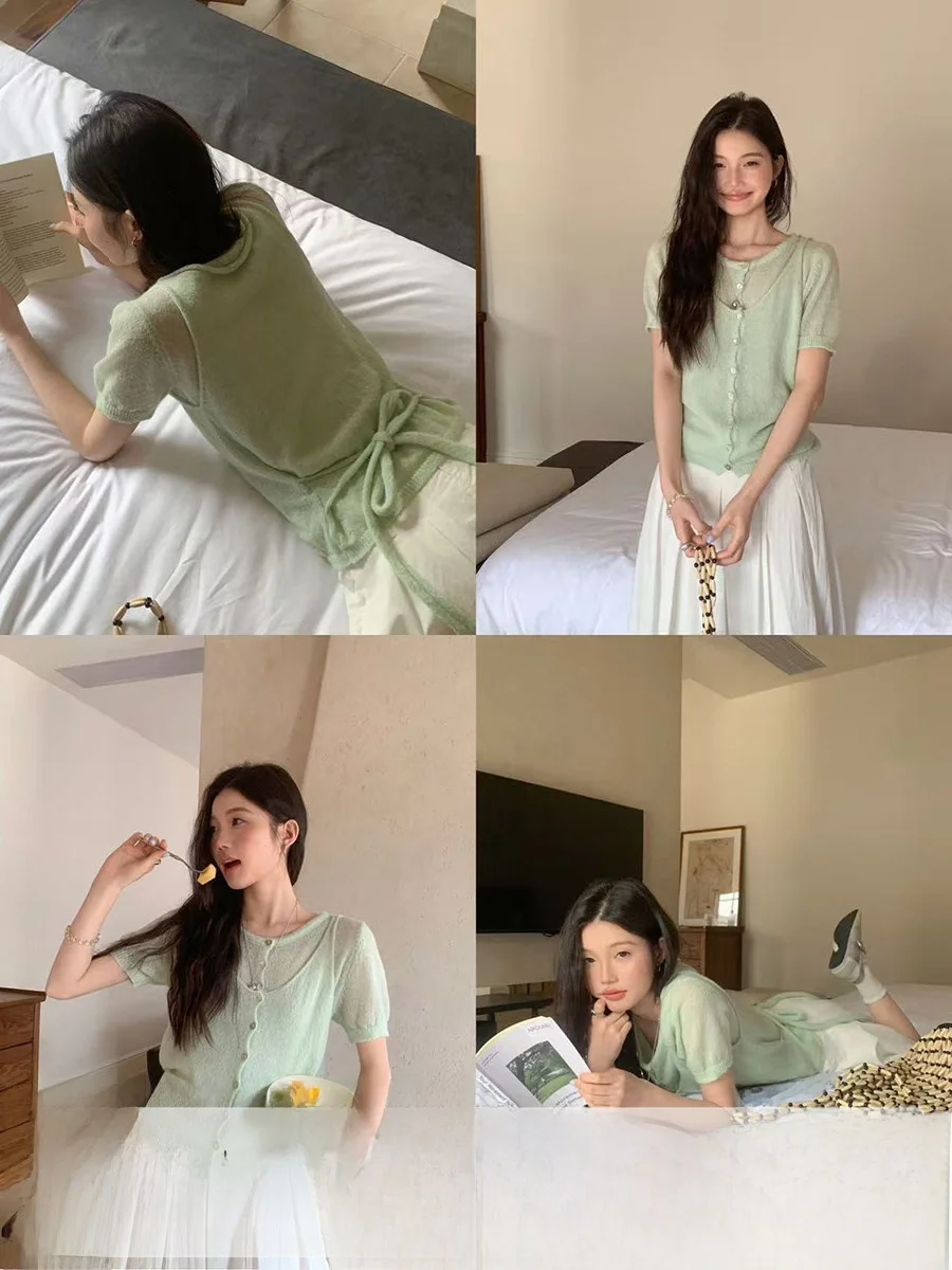

Linyunyun Green Short Sleeve Knitted Top Women's Casual Loose Fit Soft Knitwear Two-Piece Set with Belt Design Outerwear