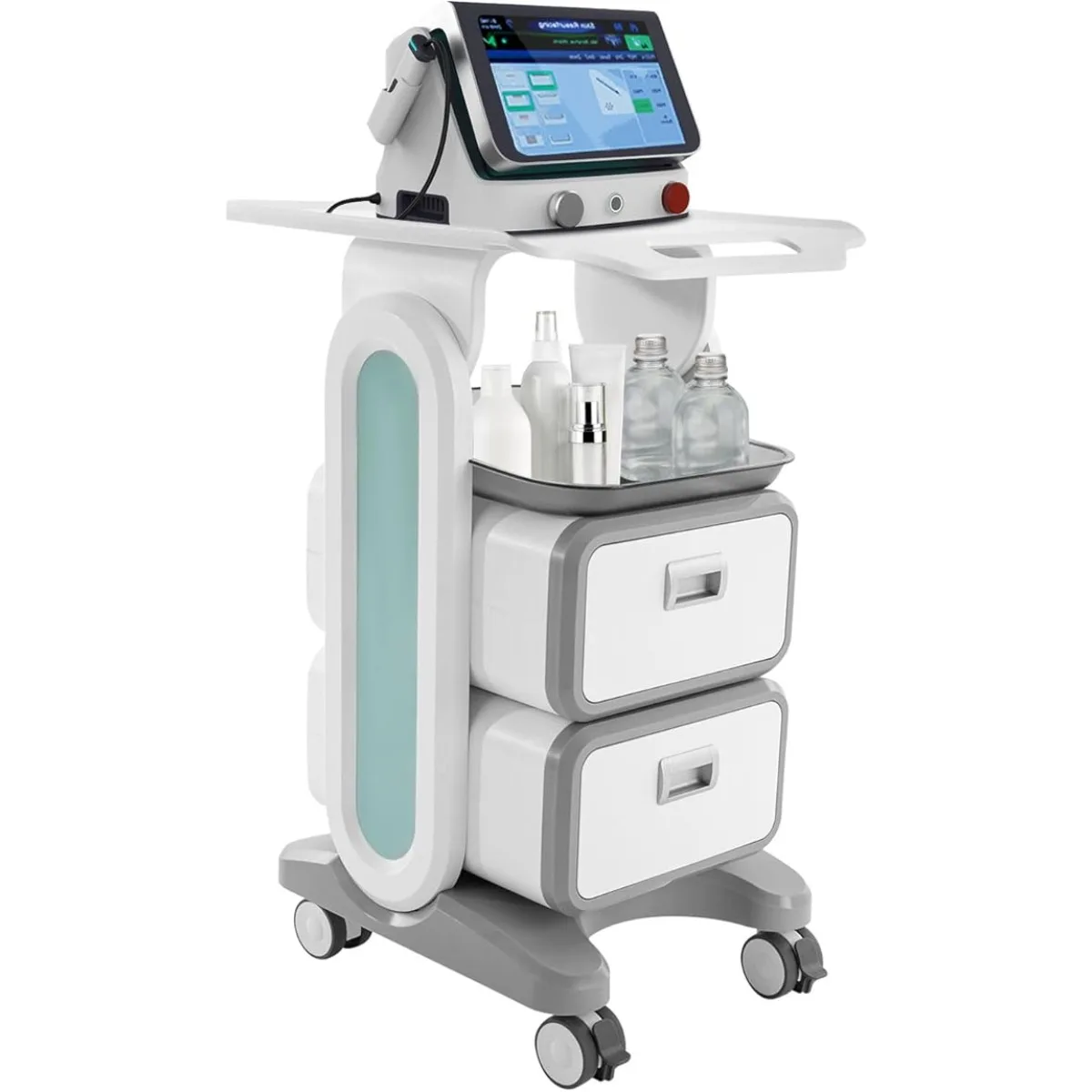 Chariot médical, chariot de service utilitaire à 2 niveaux et 2 tiroirs avec capacité de charge de 132 lb, 360° °   Roues silencieuses avec freins, cadre en métal ABS durable pour clinique, hôpital, salon, laboratoire, usage de bureau