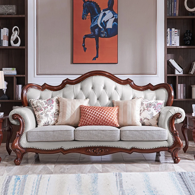 

American leather sofa combination simple solid wood European leather art light luxury first layer cowhide large apartment villa