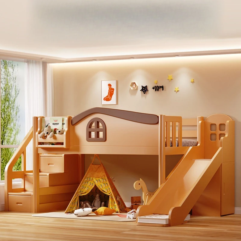 

All solid wood children's bed under the bed boy and girl slide