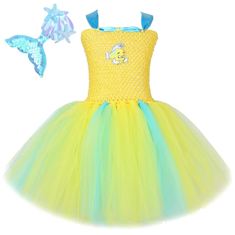 Girls' Mermaid‑themed Tulle Tutu Dress, Kids Cartoon Fish Mesh Performance Costume, Suitable for Birthday Parties and Halloween