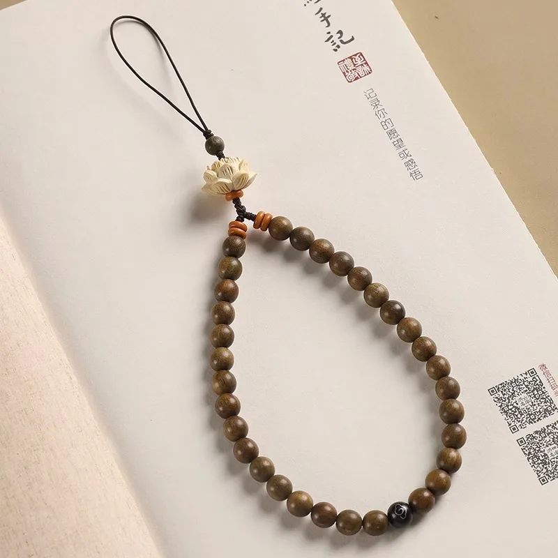 Creative Wooden Beads Peach Wood Lotus Flower Phone Charm Strap Wrist Phone Chain Pendant for Men and Women Phone Case Lanyard