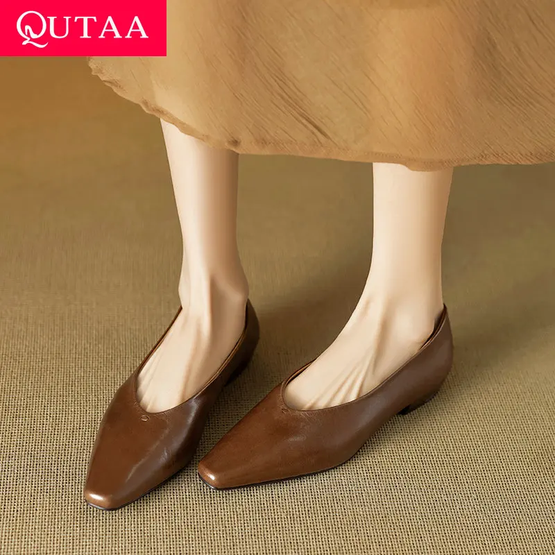 

QUTAA 2025 Women Pumps Shoes Fashion Sexy Low Heels News Cow Leather Party Casual Pointed Toe Shoes Dress 34-42