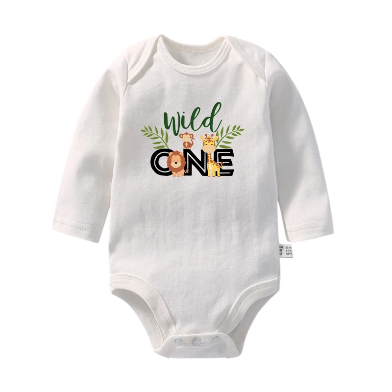 Wild One Birthday Baby Bodysuit Infant 1st Birthday Jungle Party Outfit Animal Cartoon Baby Clothes Toddler Long Sleeve Jumpsuit