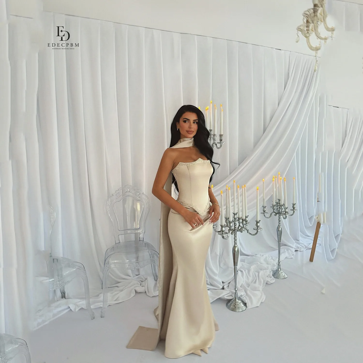 

EDECPBM Robes of Soirée Dresses Gala فساتين سهرة Wedding Dresses for Parties Champagne Color Customized Off the Shoulders Satin