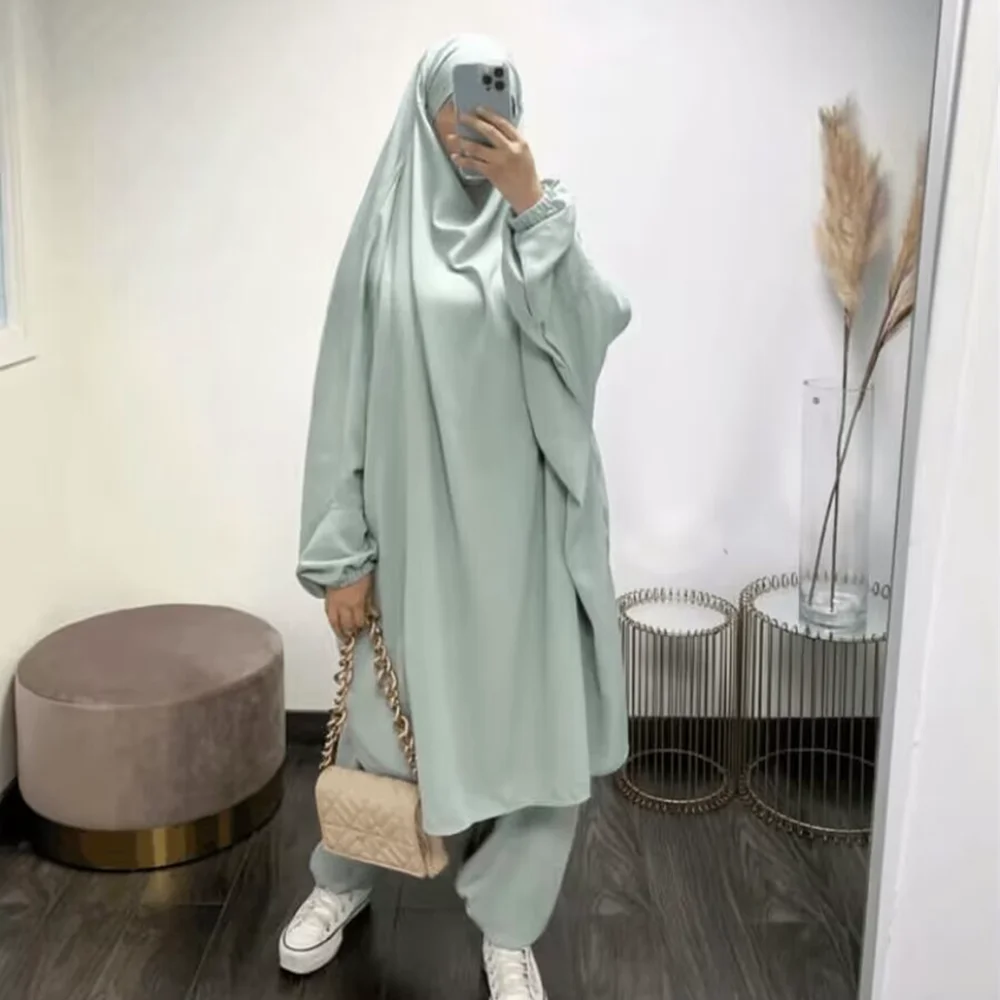 Jilbab with Pants for Women, Muslim Long Khimar Prayer Garment, 2 Piece Set, Abaya Dress, Ramadan Clothing, Kaftan, Dubai, Turke