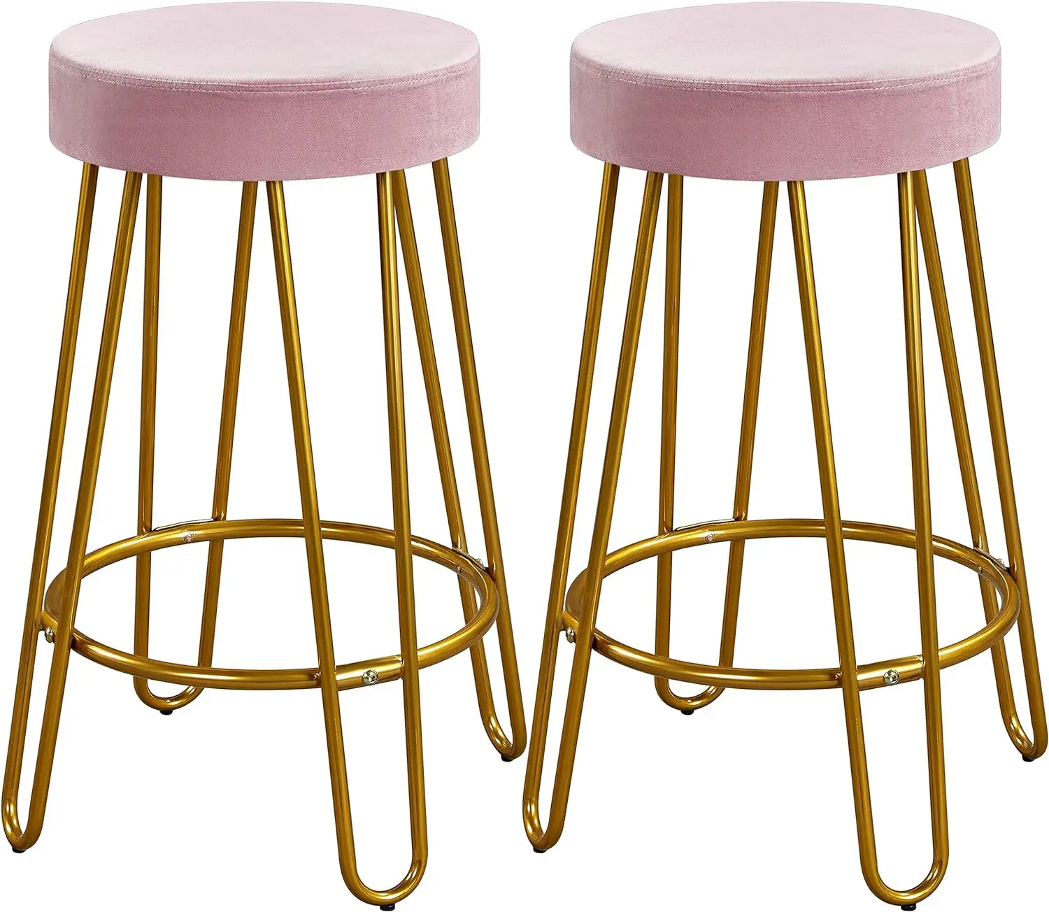 2pcs Home Barstools Upholstered Velvet Round Backless Seat with Gold Legs Kitchen Stool Modern Breakfast Dining Stools