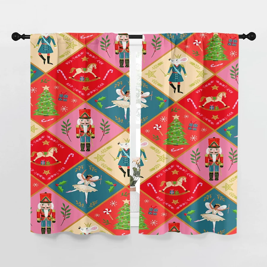 2PCS Christmas Digital Print Curtains, Colorful Patchwork Nutcrackers Ballet Dancers, Fun for Living Room Bedroom Window Decor