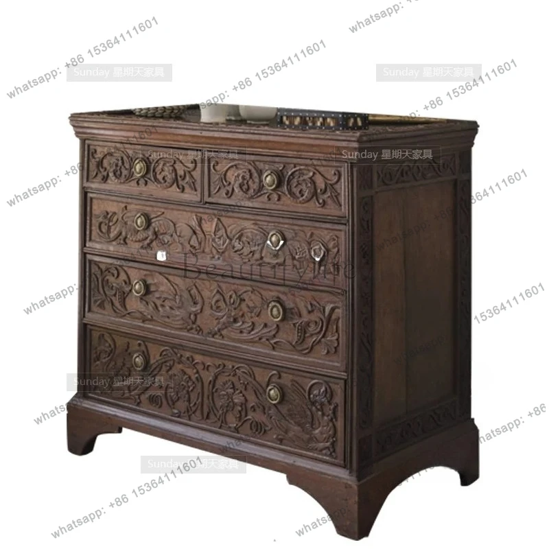 

8Neoclassical European high-end foyer storage cabinet American style solid wood carved bedroom chest of drawers
