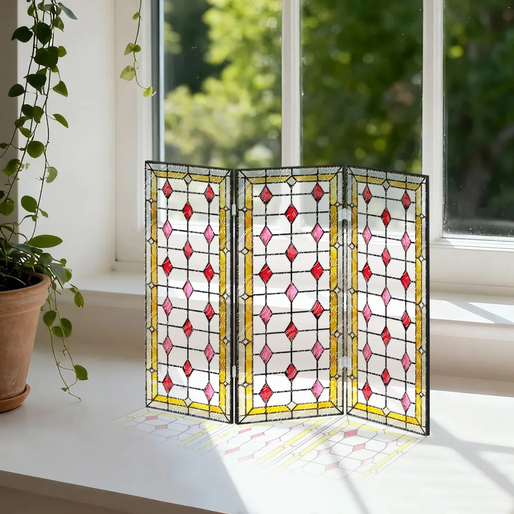 Classic Acrylic Folding Screen, Red Plaid Begonia Pattern Translucent Screen Table Setting, High-end Gift Table Decorations