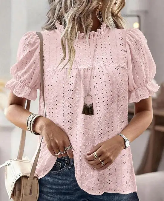 Elegante camicetta con maniche a sbuffo e colletto rialzato con orlo arricciato Top pullover ricamato scavato casual