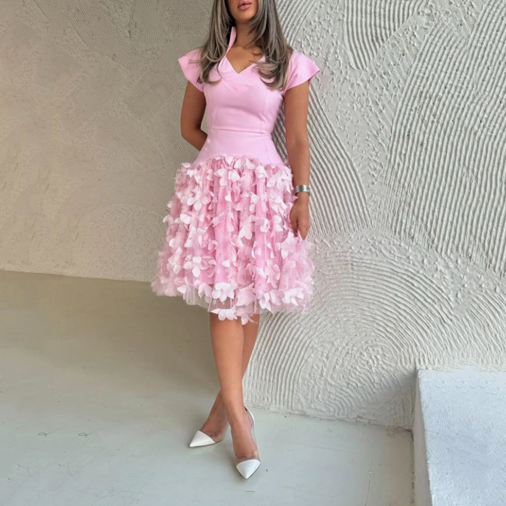 

Customized pink V-neck Draped Flower Appliques Jersey Party Dress Short Sleeves A-line Knee Length Prom Gowns vestidos de fiesta