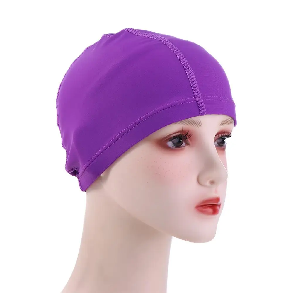 Solid Color Men Women Long Hair Bathing Cap Elastic Nylon Water Sport Protect Ears Pool Swimming Hat Waterproof