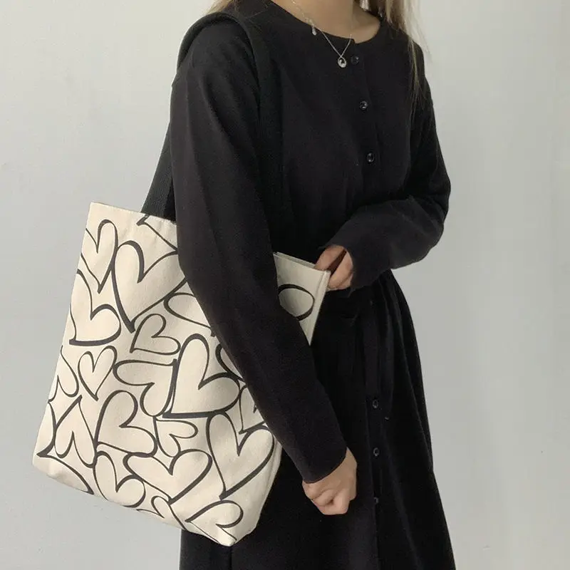 Korean Simple Minimalist Style Heart Print Fashion Canvas Shopping Bag Casual Tote Black Shoulder Strap Eco Friendly Wholesale