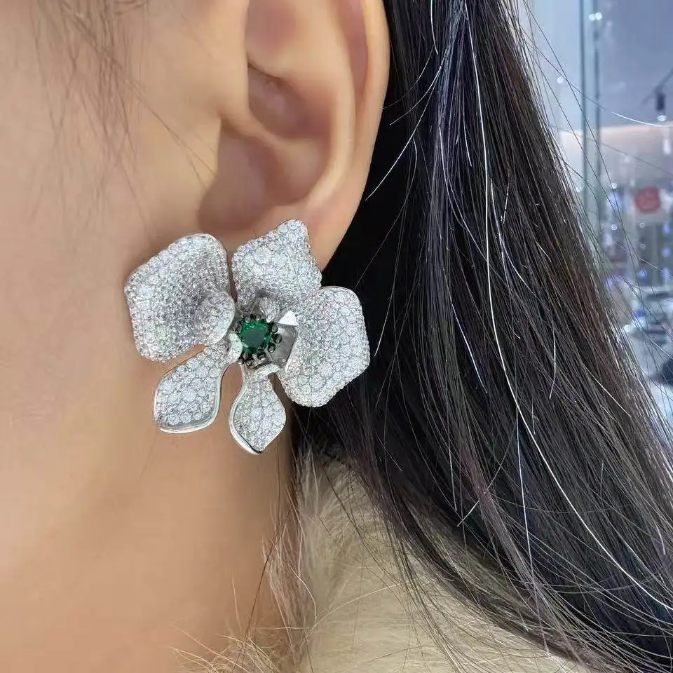 big orchid flower stud earring 925 sterling silver with cubic zircon cute romantic fine women jewelry
