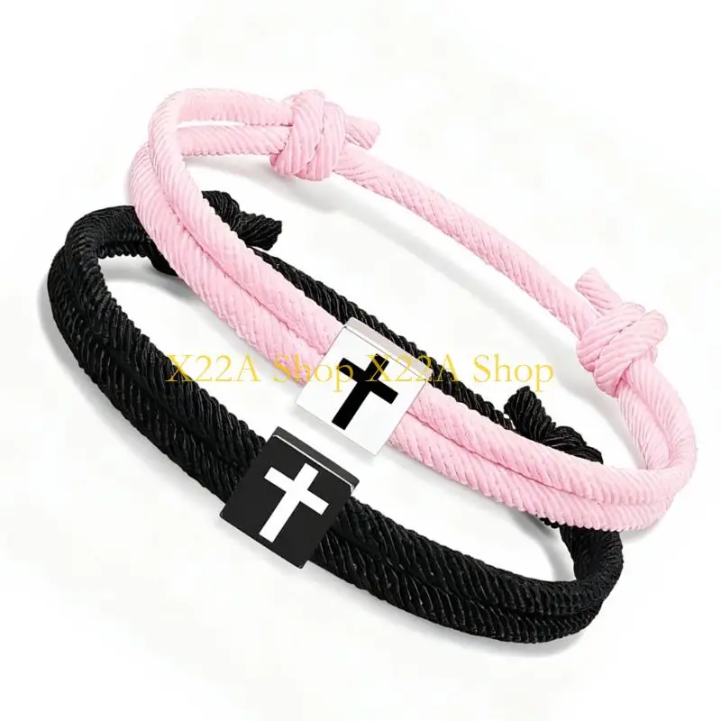 Unique Pack of 2 Black Adjustable Christian Bracelets Religious Crosses Charm Wristband for Couples Religious Gift