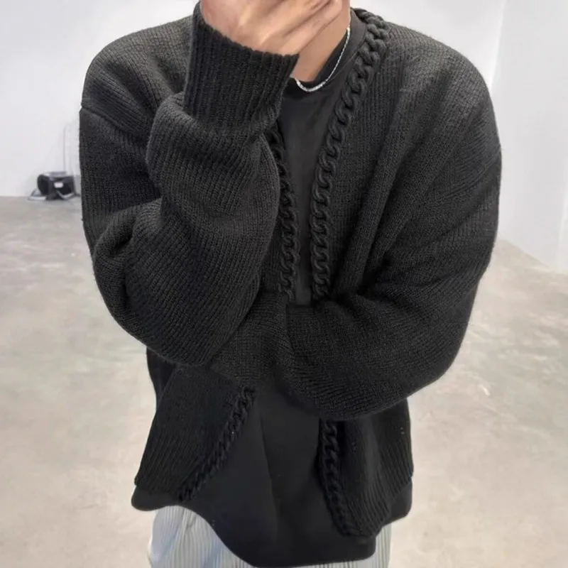 KIDWHXR Autumn Man Knitted Sweater Streetwear V-neck Male Cardigans Retro Simple Solid Slim Long Sleeve Versatile Men Coat