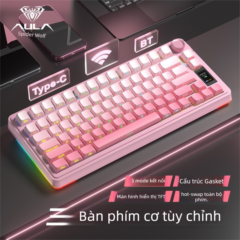 AULA-MOJING | Bàn Phím Cơ Gaming Wolf Spider S75 Pro (Layout F75), Tri-mode (2.4G/Bluetooth/Dây), Màn Hình Tùy Chỉnh, Switch Cơ