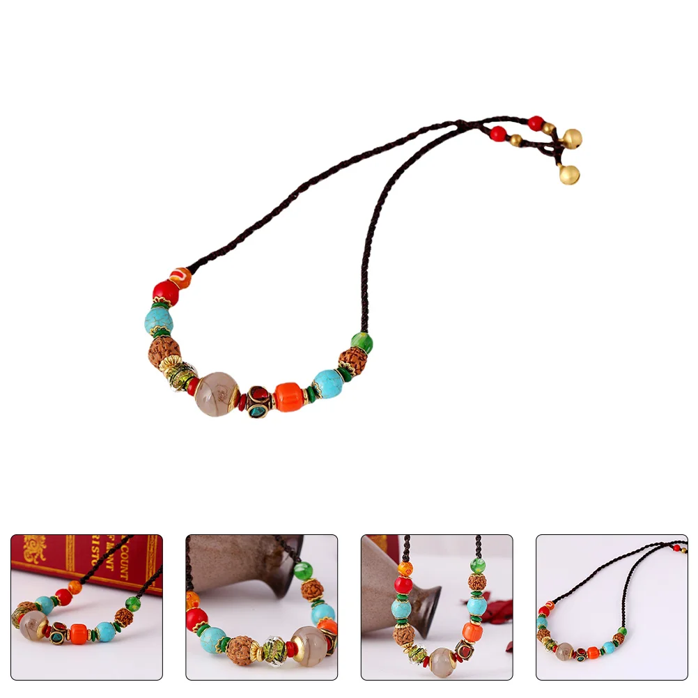 

Beaded Glass Necklace Retro Stone Chain Bone Pendant Ethnic Style Colored Braided Jewelry Fashion Accessory Set