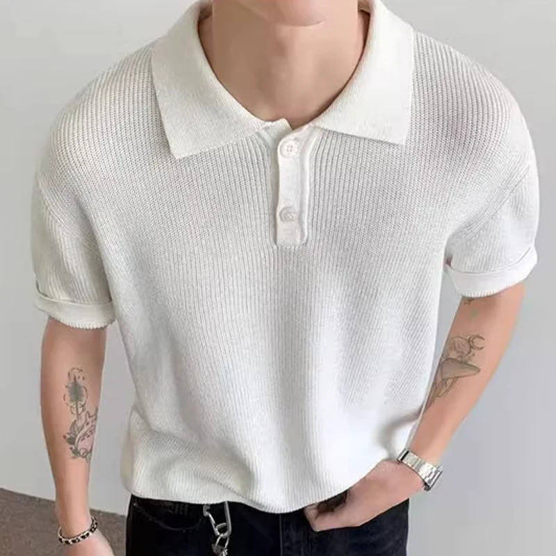 

2025 Summer Daily Casual Mens Knit Polo Shirt Slim Fit Button-up Polo Neck Pullover Tops Men Fashion Solid Color Knitting Polos