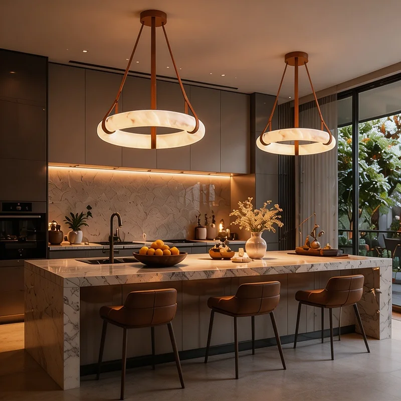 Single Ring Alabaster Chandelier Spanish Marble Circular Pendant Light for Dining Room Kitchen Island Leather Belt LED Lamp