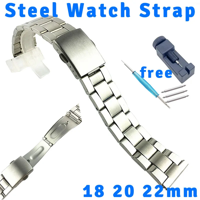 Diving 3 Beads Stainless Steel Watch Strap Bracelet 18mm 20mm 22mm Universal Double Push Buckle Metal Watch Band Wristbands