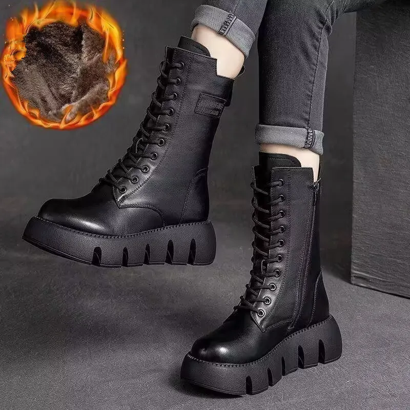 Winter Vintage Women's Boots High Quality Fashion With Fleece Thickened Side Zipper Personality Comfortable Casual Snow Boots