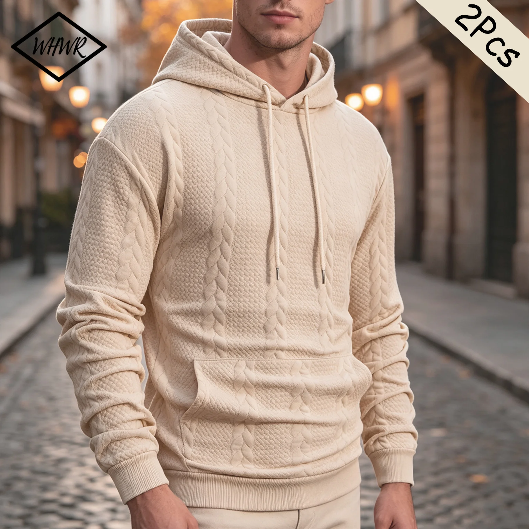 2 PACK Men's Winter Warm Fleece Hoodie Cable Knit Textured Pullover Hooded Sweatshirt Kangaroo Pocket for Gym Street Daily Commute Cold Weather Layer Wear