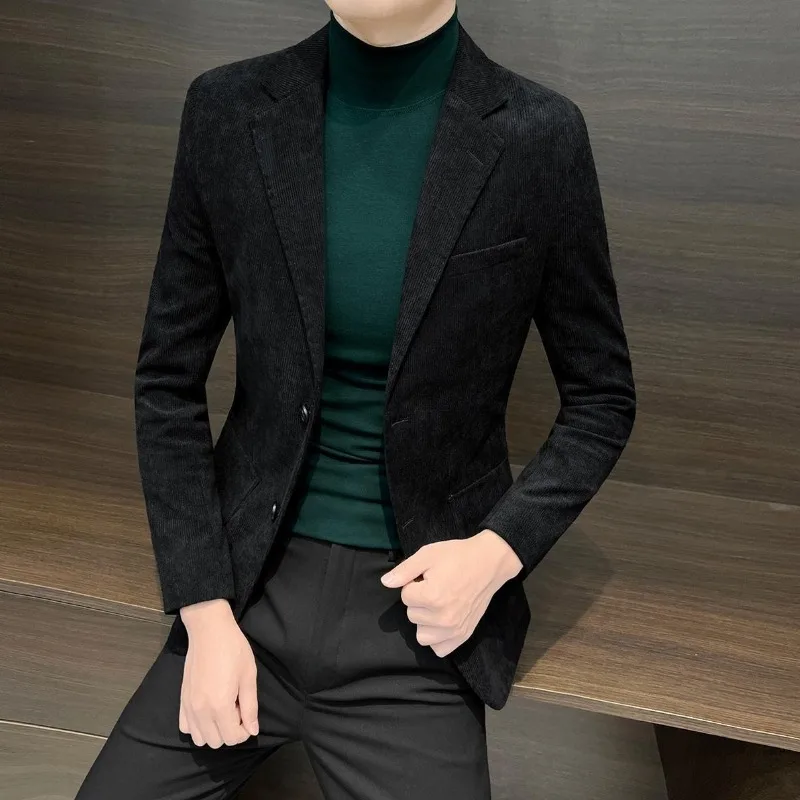 

Вельветовые приталенные мужские пиджаки высокого качества, простое пальто джентльмена с грудью, оригинальный повседневный новый модный мужской пиджак 2025 года