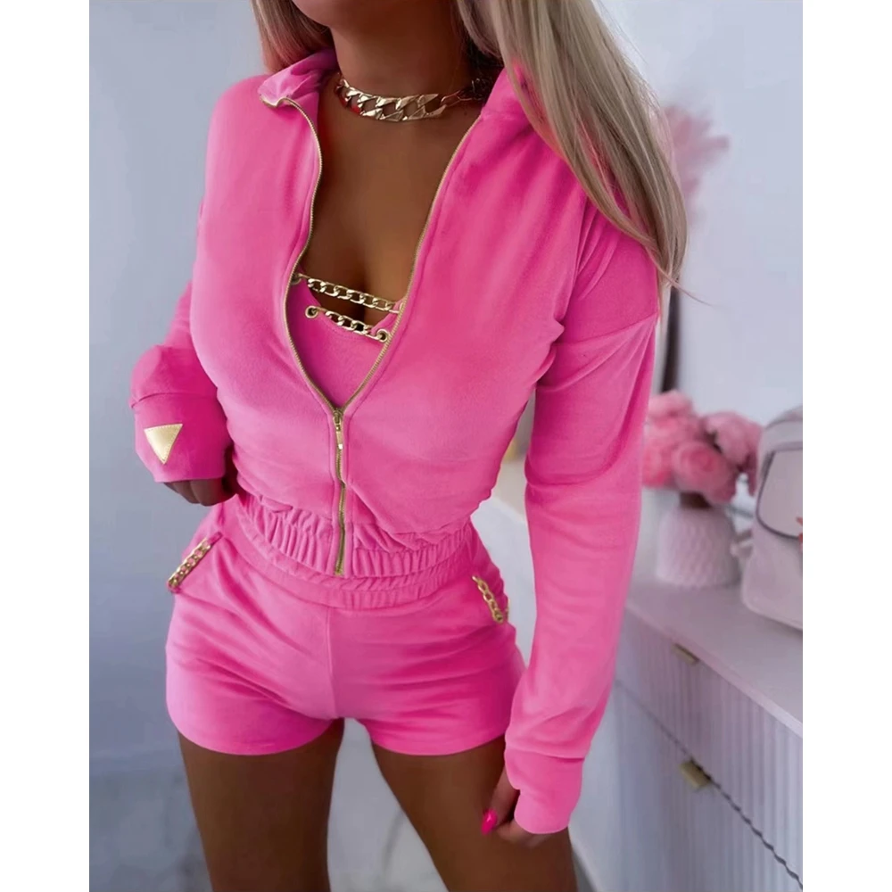 Women 3PCS Velvet Jacket & Chain Decor Crop Top & Shorts Co-ords Set Tracksuit Casual Skinny Two Pieces Suit Sets Outfits