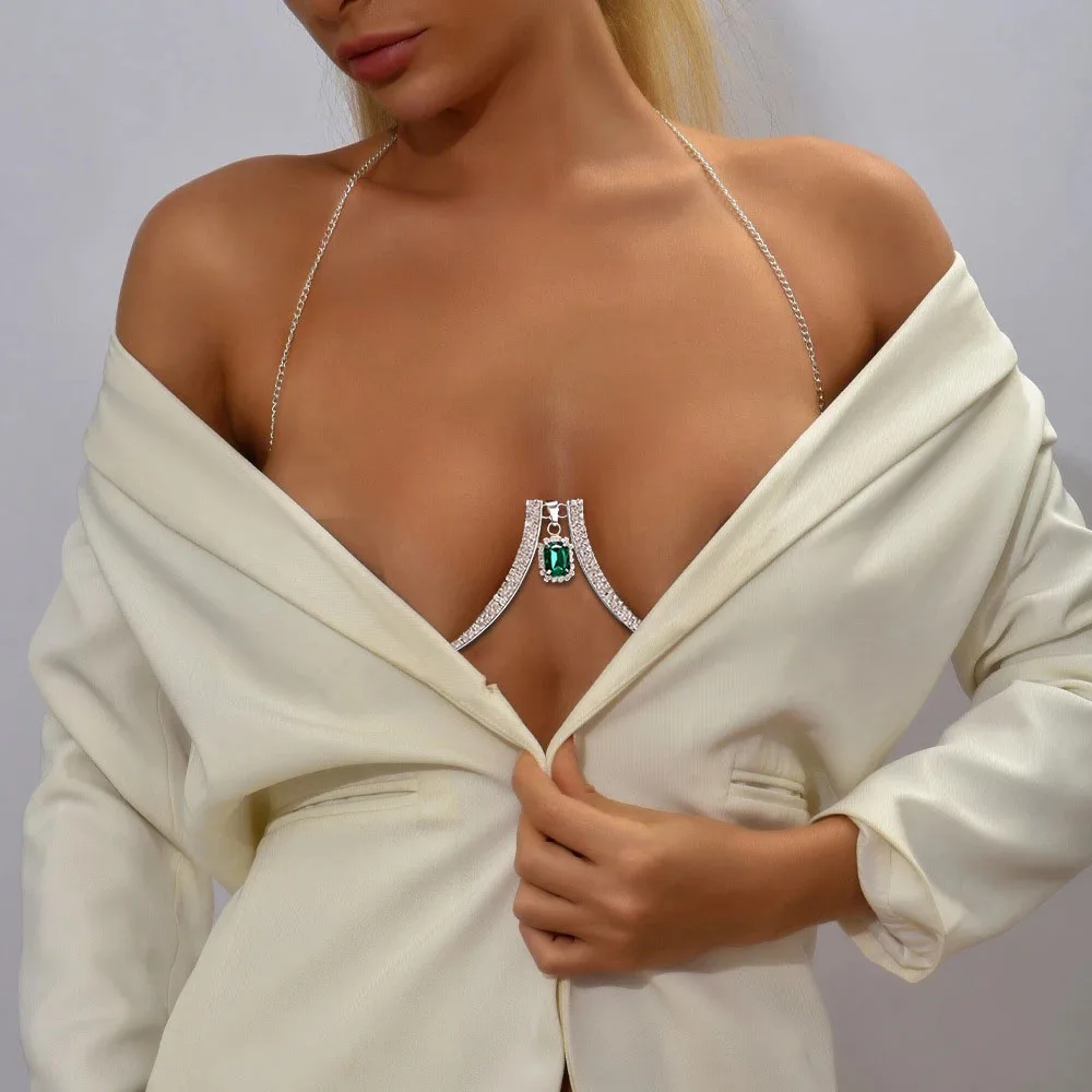 Cadena de cuerpo de plata de lujo para mujer, arnés elegante con diamantes de imitación, cadena de pecho con escote en V profundo, accesorios de joyería nupcial para fiesta de boda