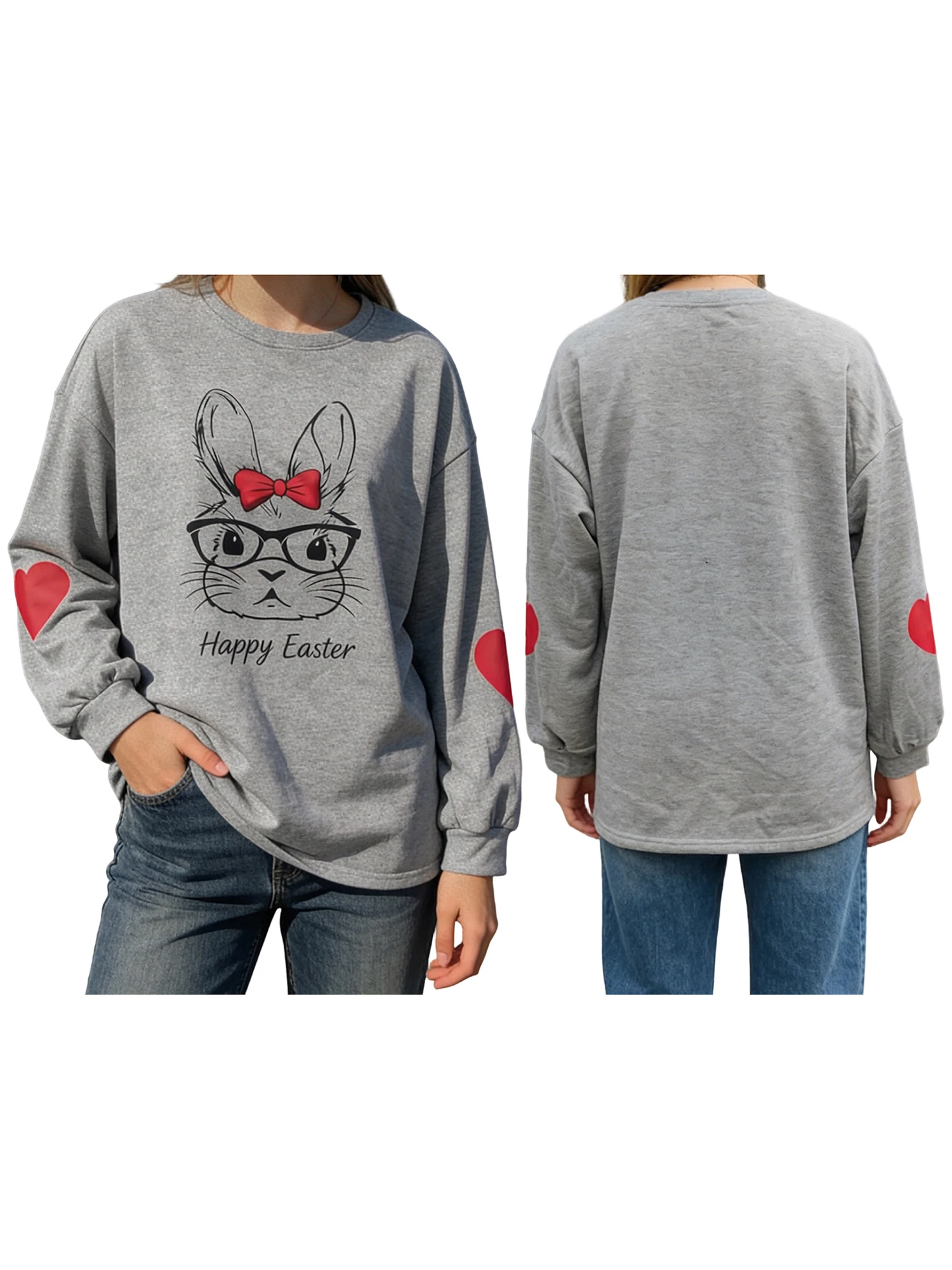 

Женская толстовка с капюшоном с пасхальным кроликом, повседневный пуловер с длинными рукавами и круглым вырезом в виде сердца, свитер для весенней и осенней моды