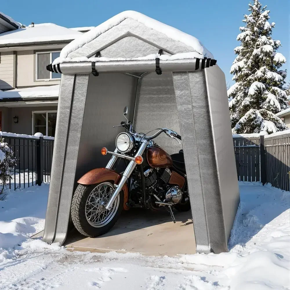 6x8m Portable Outdoor Shed with Waterproof PE Tarp, Roll-Up Door, and Ventilation for Motorcycles, Bikes, and Storage
