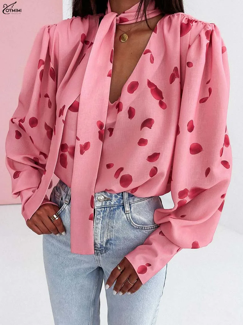 Oymimi Fashion Pink Print Women's Blouse Elegant V-Neck Long Sleeve Lace-Up Blouses Casual New Loose Blouses Female Clothing